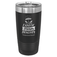 Black powder-coated 20 oz. ringneck tumbler with a stainless steel band and clear slider lid, shown with a sample engraving