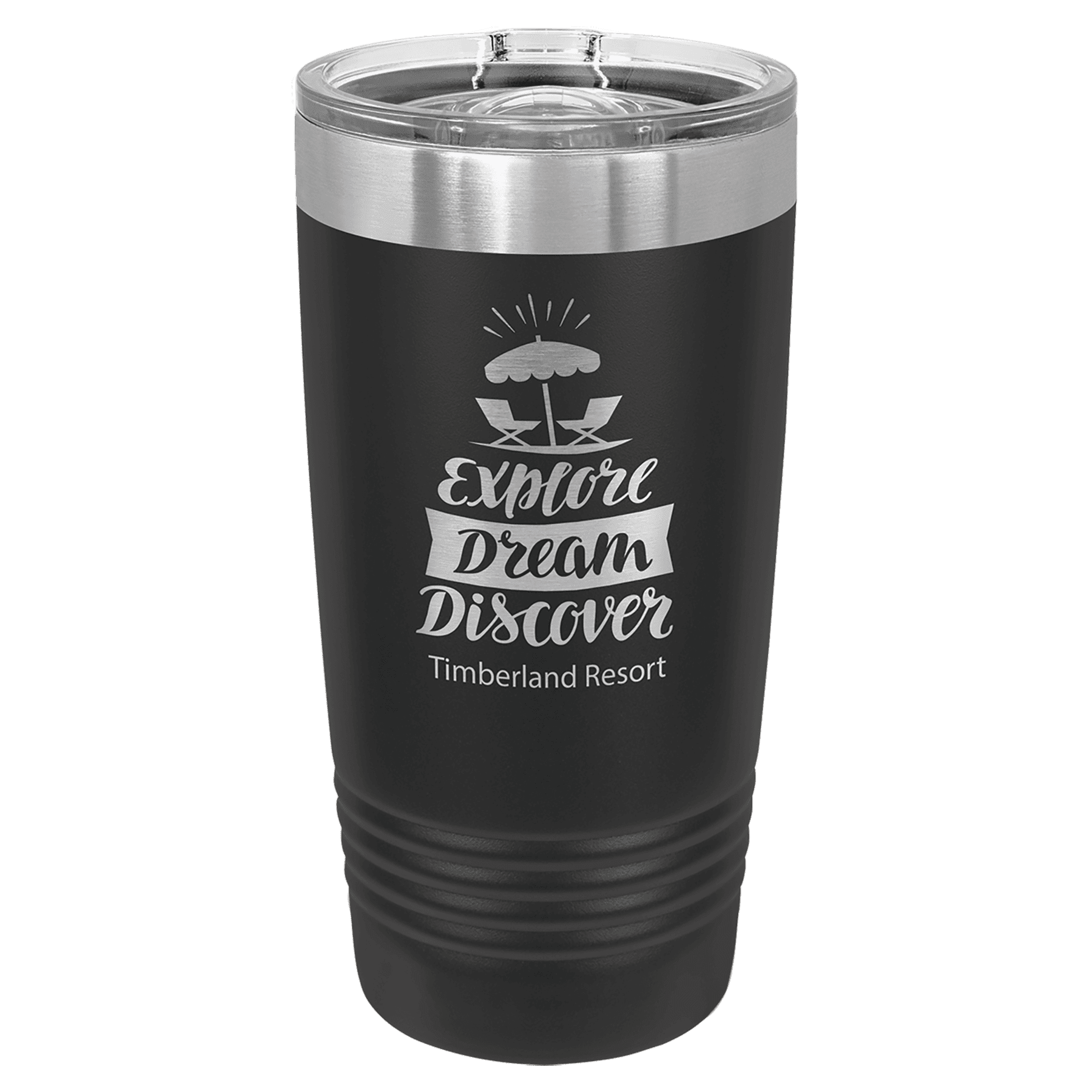 Black powder-coated 20 oz. ringneck tumbler with a stainless steel band and clear slider lid, shown with a sample engraving