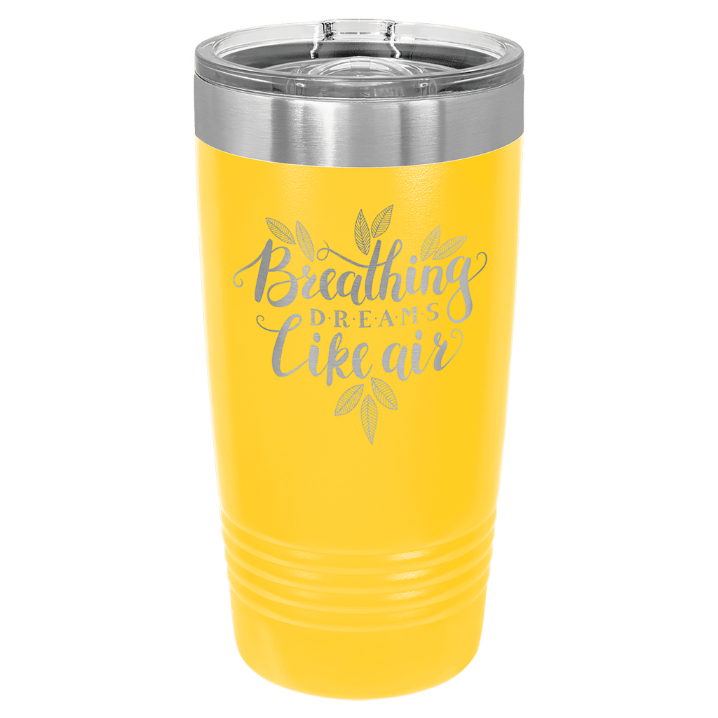 Yellow powder-coated 20 oz. ringneck tumbler with a stainless steel band and clear slider lid, shown with a sample engraving