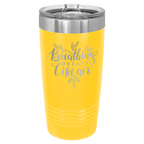 Yellow powder-coated 20 oz. ringneck tumbler with a stainless steel band and clear slider lid, shown with a sample engraving
