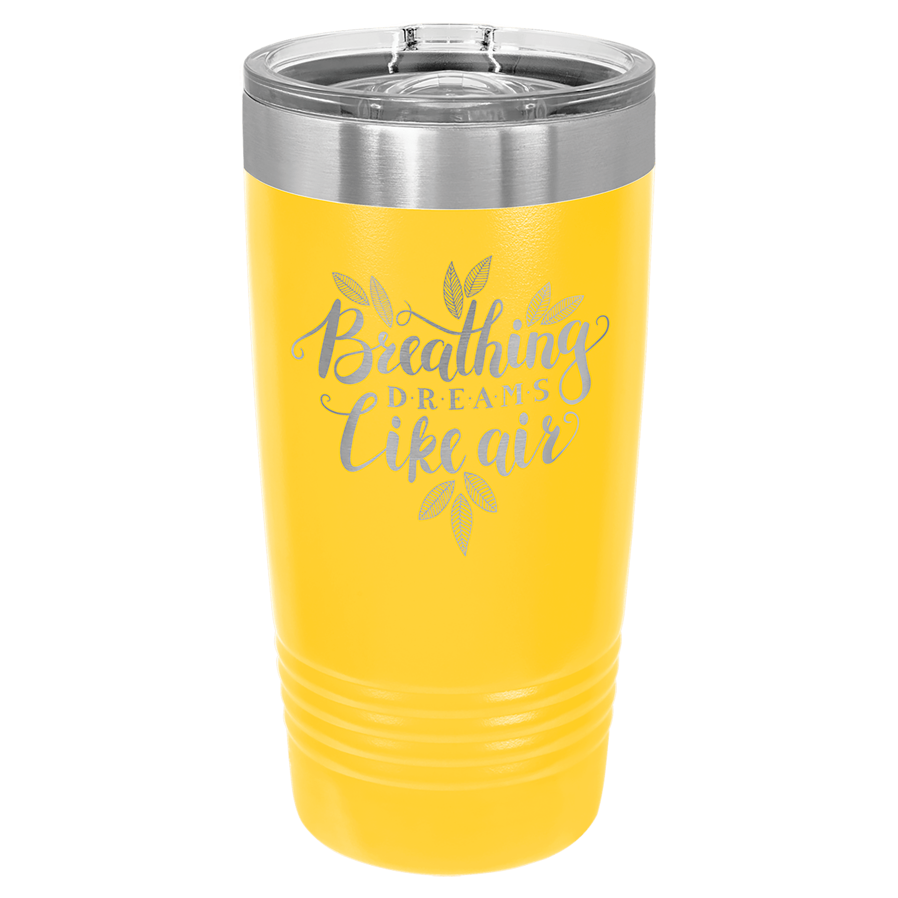 Yellow powder-coated 20 oz. ringneck tumbler with a stainless steel band and clear slider lid, shown with a sample engraving