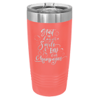 Coral powder-coated 20 oz. ringneck tumbler with a stainless steel band and clear slider lid, shown with a sample engraving