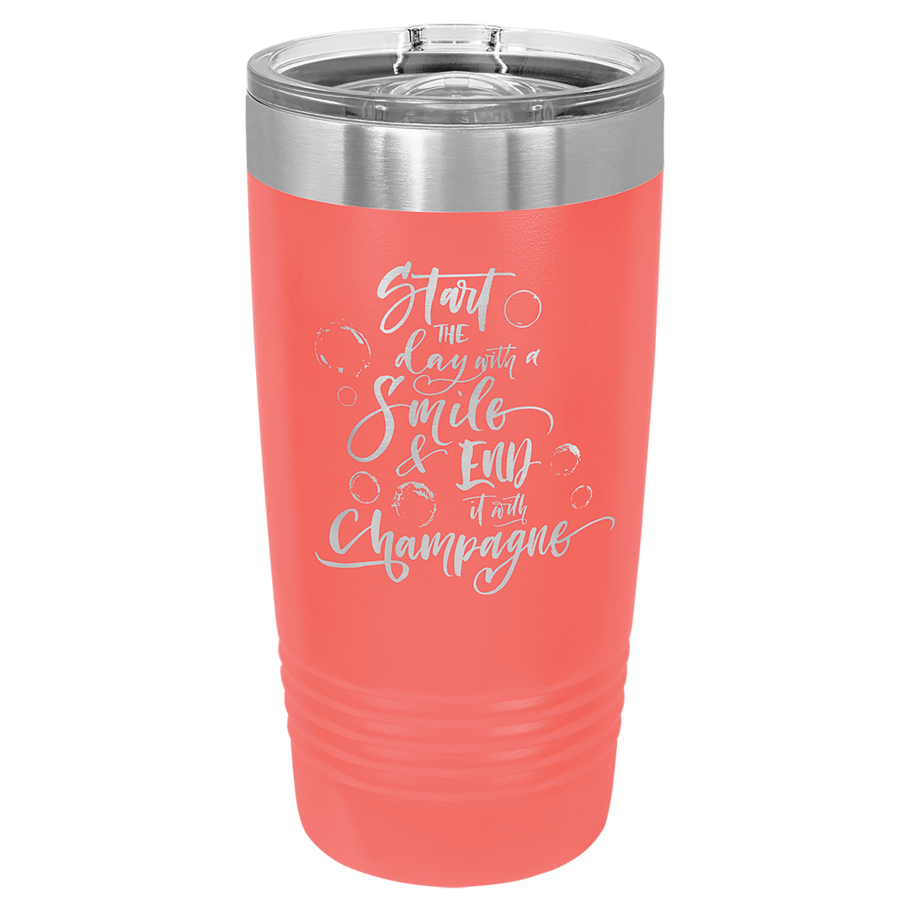 Coral powder-coated 20 oz. ringneck tumbler with a stainless steel band and clear slider lid, shown with a sample engraving