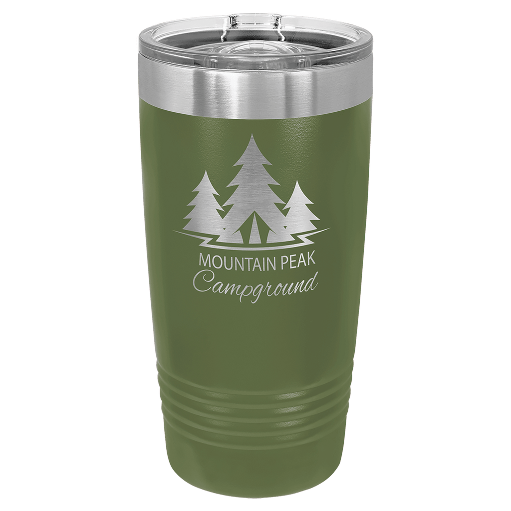 Olive green powder-coated 20 oz. ringneck tumbler with a stainless steel band and clear slider lid, shown with a sample engraving