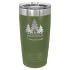 Olive green powder-coated 20 oz. ringneck tumbler with a stainless steel band and clear slider lid, shown with a sample engraving