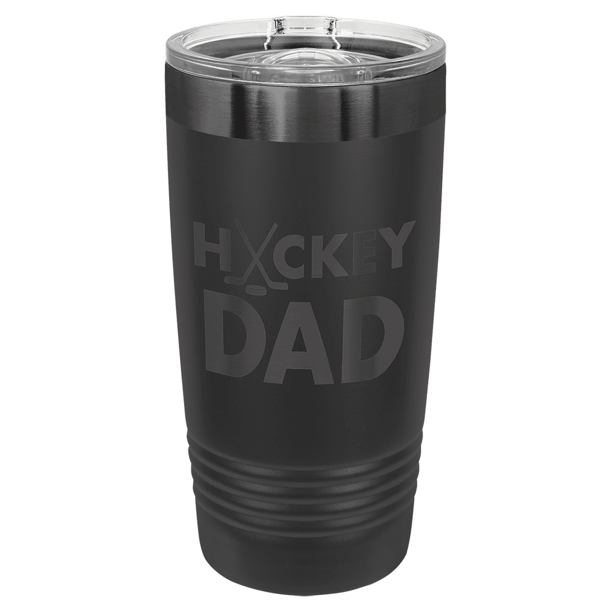 Black 20 oz. ringneck tumbler with a ghost black plated ring and clear slider lid