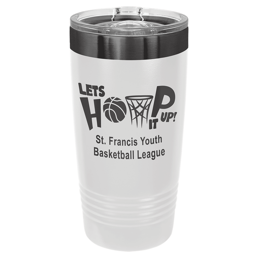 White 20 oz. ringneck tumbler with a ghost black plated ring and clear slider lid
