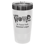 White 20 oz. ringneck tumbler with a ghost black plated ring and clear slider lid