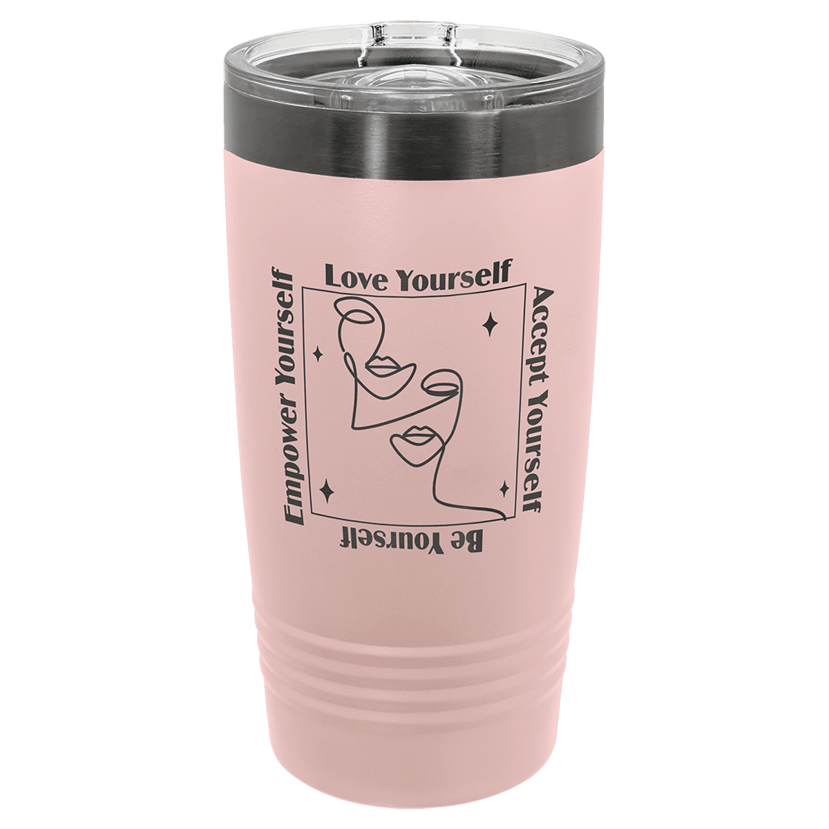 Blush 20 oz. ringneck tumbler with a ghost black plated ring and clear slider lid