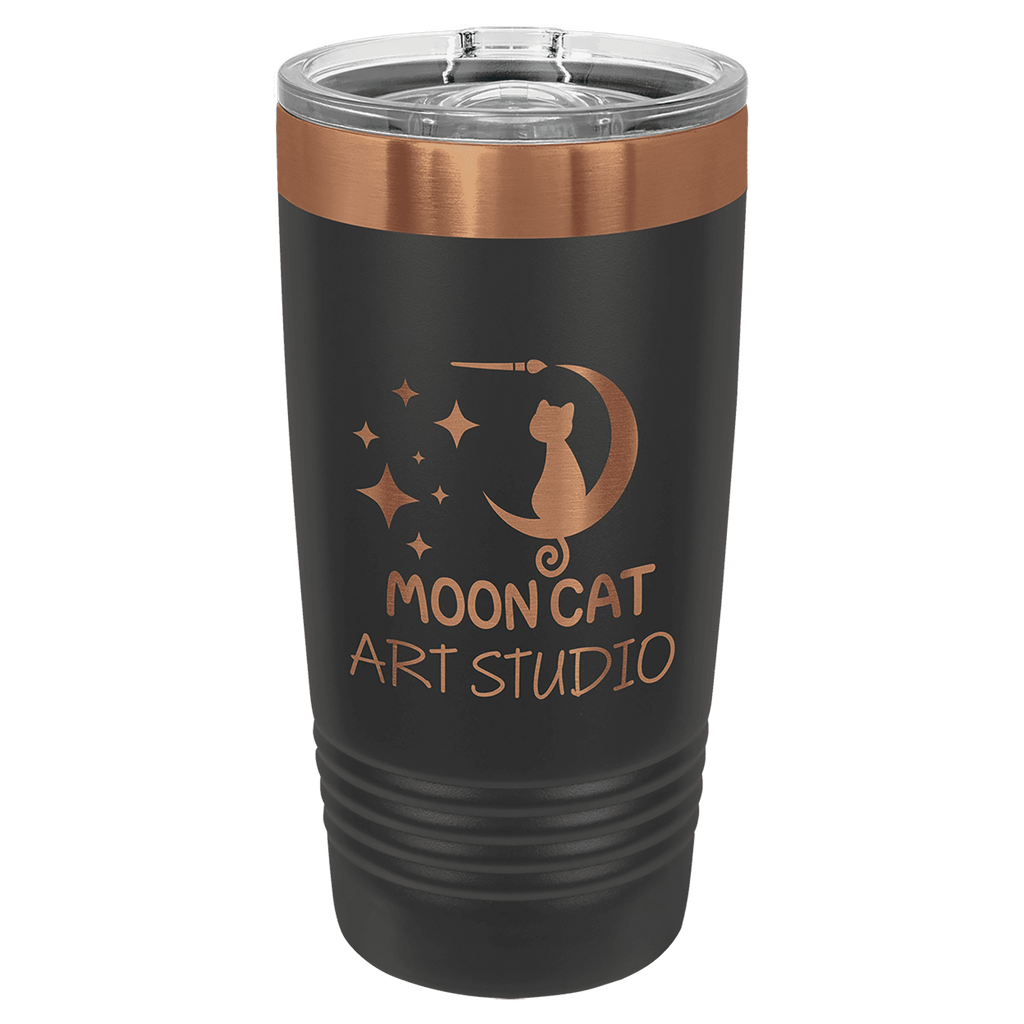 Black 20 oz. ringneck tumbler with a rose gold plated ring and clear slider lid