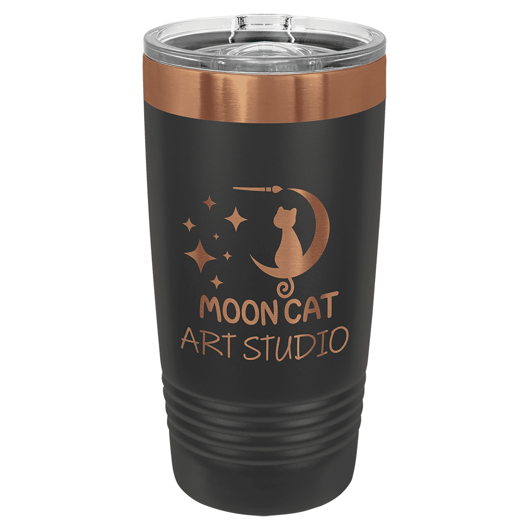 Black 20 oz. ringneck tumbler with a rose gold plated ring and clear slider lid