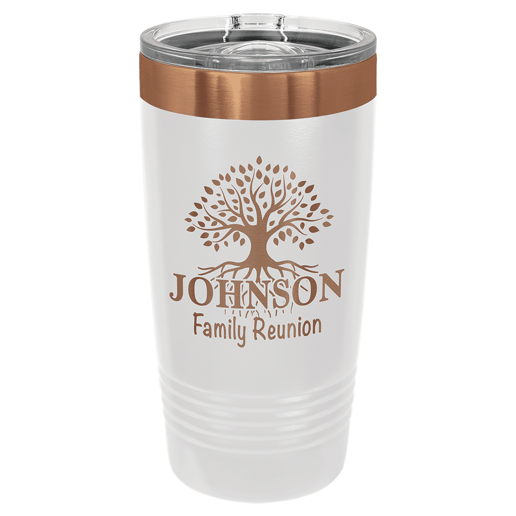 White 20 oz. ringneck tumbler with a rose gold plated ring and clear slider lid