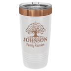 White 20 oz. ringneck tumbler with a rose gold plated ring and clear slider lid