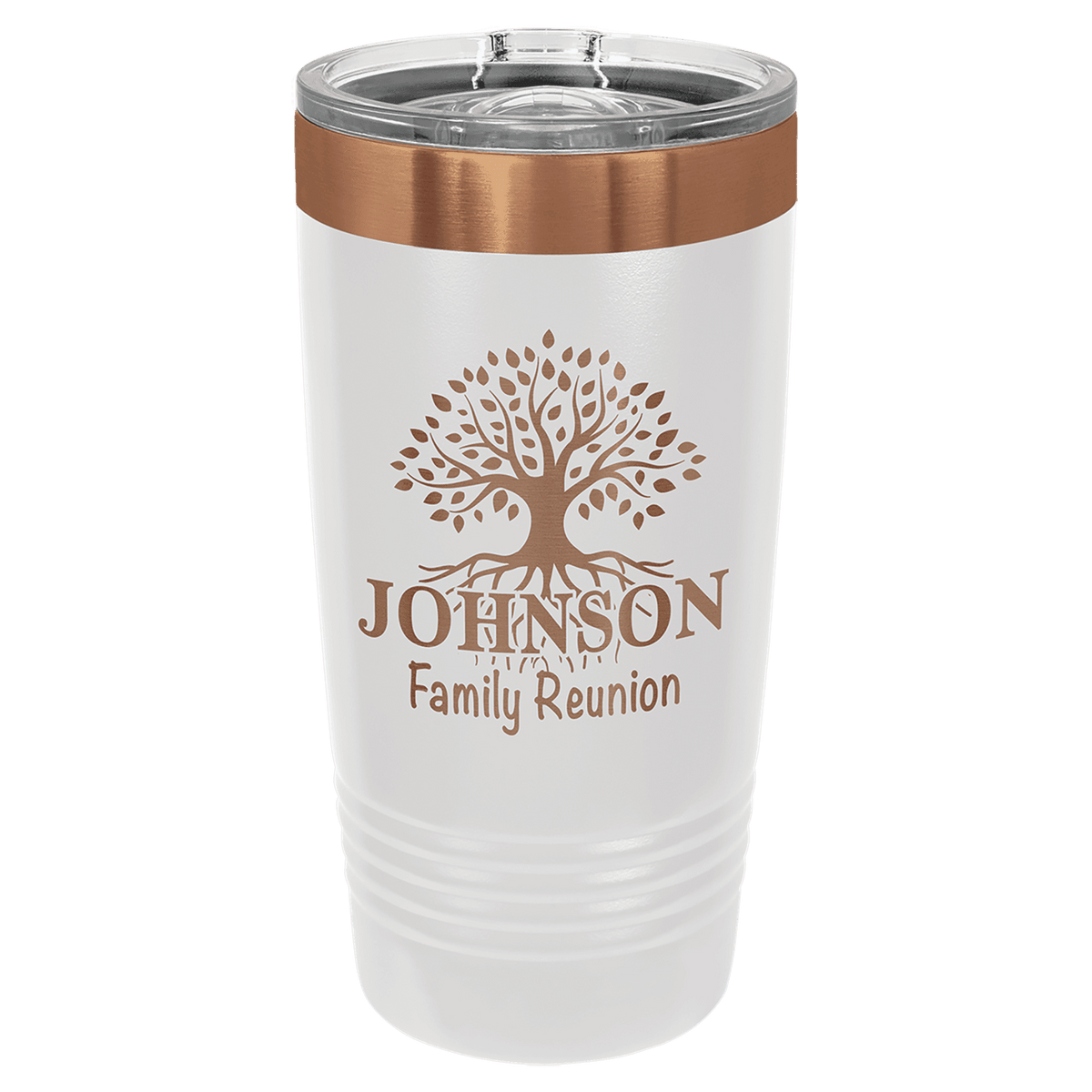 White 20 oz. ringneck tumbler with a rose gold plated ring and clear slider lid