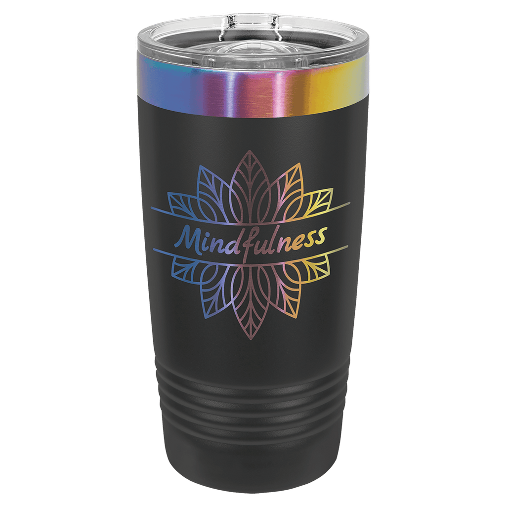 Black 20 oz. ringneck tumbler with an iridescent prism ring and clear slider lid