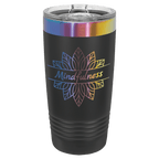Black 20 oz. ringneck tumbler with an iridescent prism ring and clear slider lid