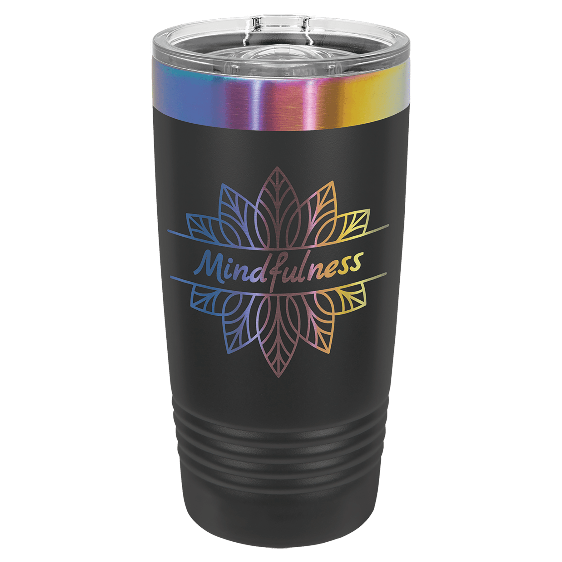 Black 20 oz. ringneck tumbler with an iridescent prism ring and clear slider lid