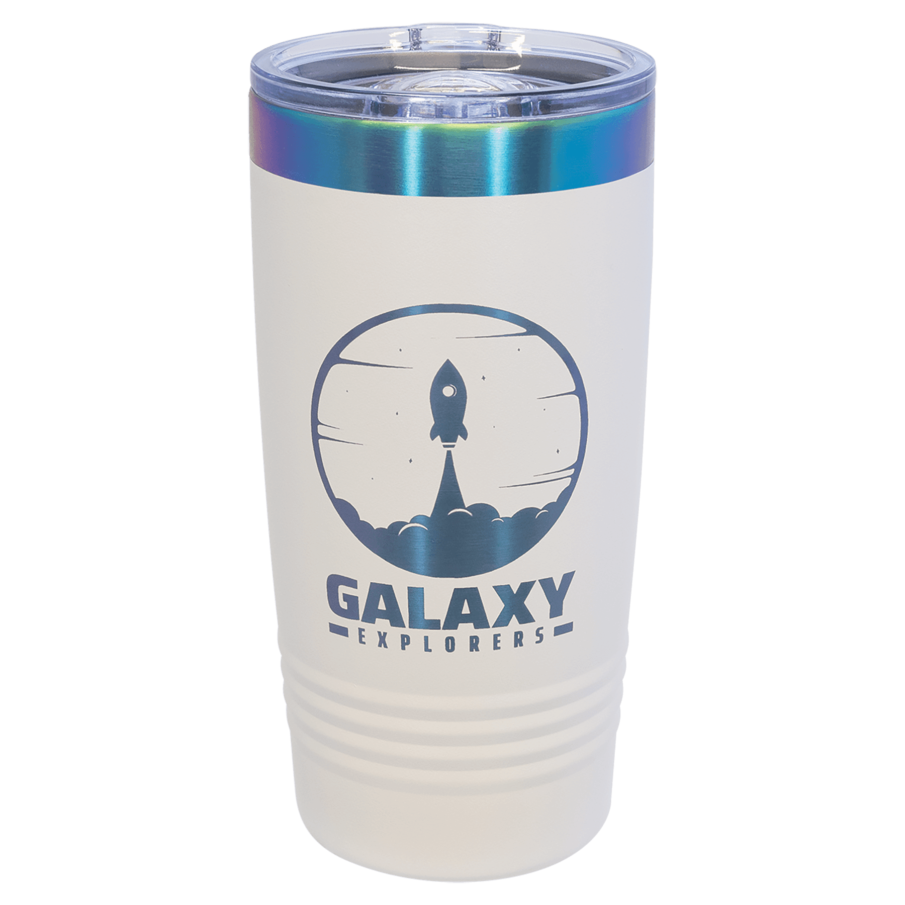 White 20 oz. ringneck tumbler with an iridescent prism ring and clear slider lid