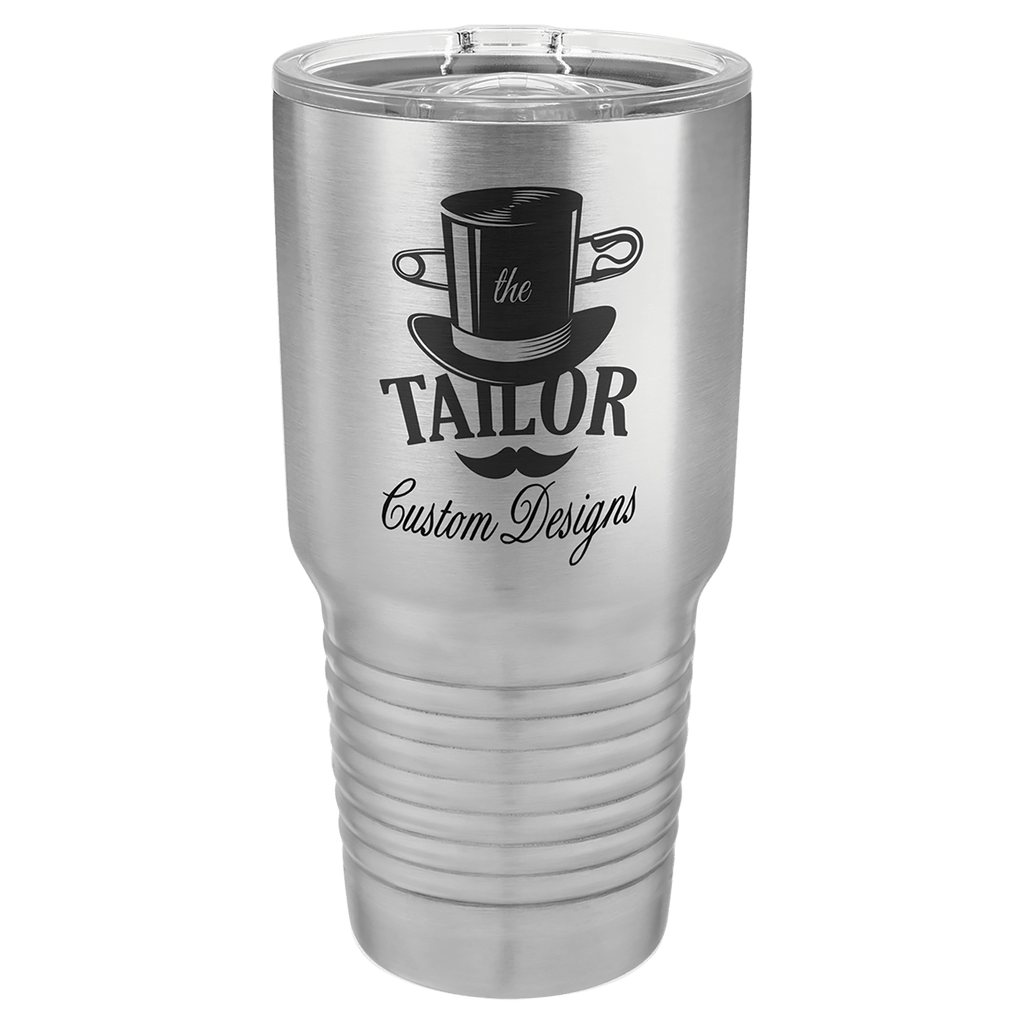 Brushed stainless steel 30 oz. ringneck tumbler with a clear slider lid, shown with a sample engraving