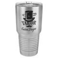 Brushed stainless steel 30 oz. ringneck tumbler with a clear slider lid, shown with a sample engraving