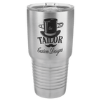Brushed stainless steel 30 oz. ringneck tumbler with a clear slider lid, shown with a sample engraving