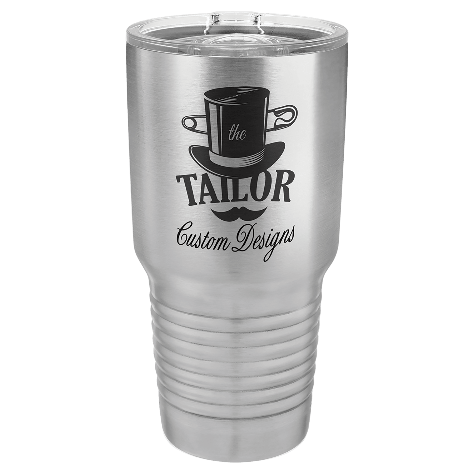Brushed stainless steel 30 oz. ringneck tumbler with a clear slider lid, shown with a sample engraving