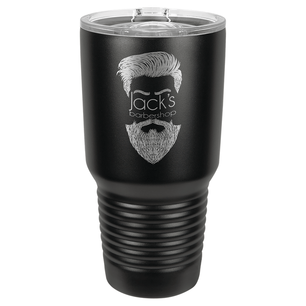 All-black 30 oz. ringneck tumbler with a blacked-out band and clear slider lid, shown with a sample engraving