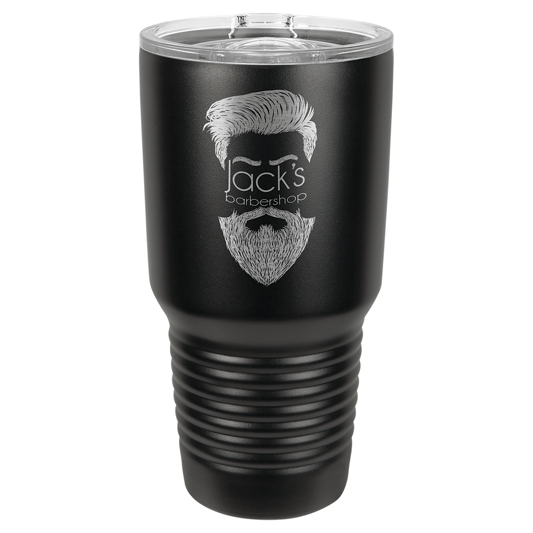 All-black 30 oz. ringneck tumbler with a blacked-out band and clear slider lid, shown with a sample engraving