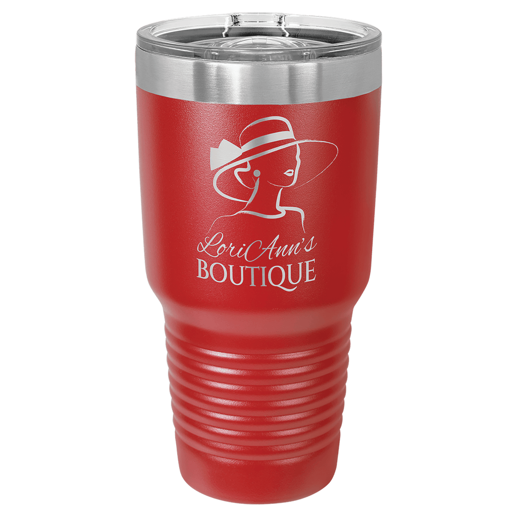 Red powder-coated 30 oz. ringneck tumbler with a stainless steel band and clear slider lid, shown with a sample engraving