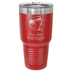 Red powder-coated 30 oz. ringneck tumbler with a stainless steel band and clear slider lid, shown with a sample engraving