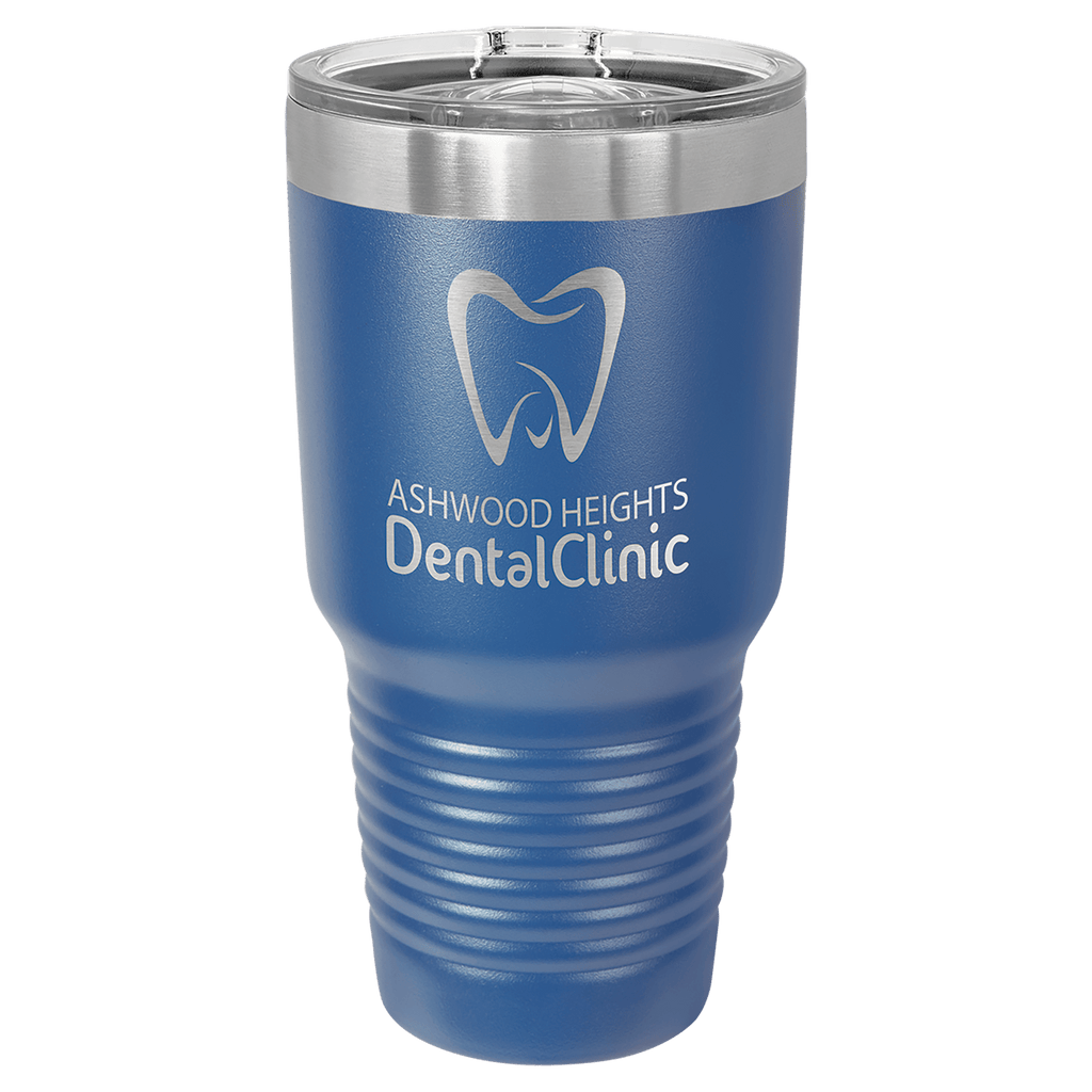 Royal blue powder-coated 30 oz. ringneck tumbler with a stainless steel band and clear slider lid, shown with a sample engraving