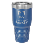 Royal blue powder-coated 30 oz. ringneck tumbler with a stainless steel band and clear slider lid, shown with a sample engraving