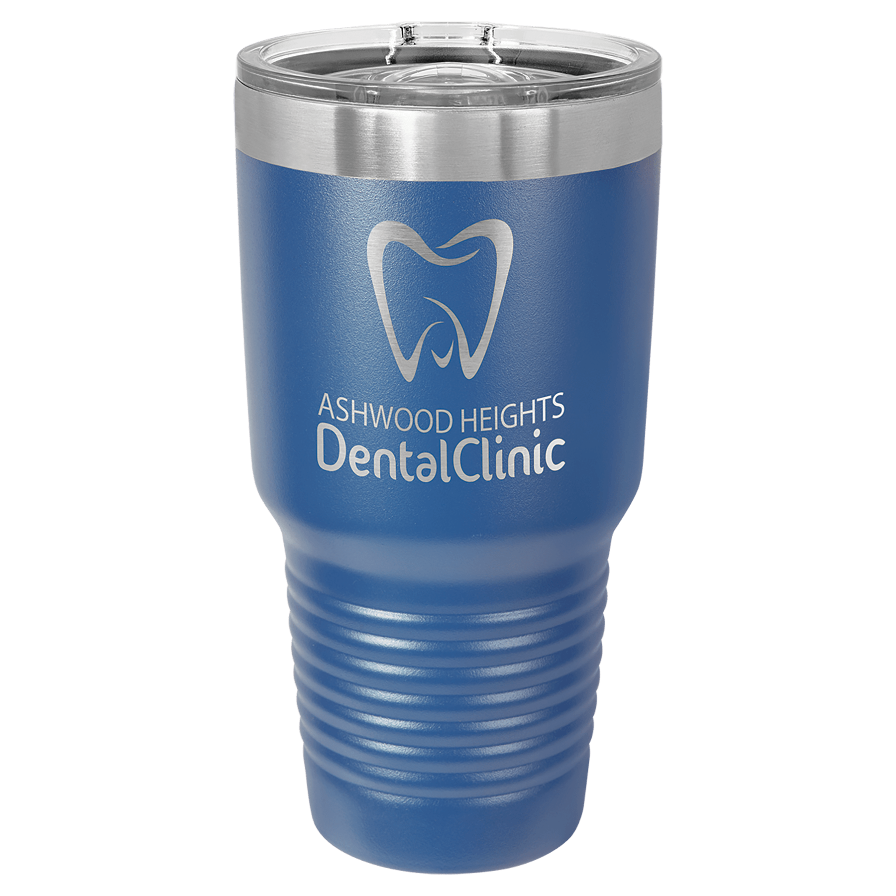 Royal blue powder-coated 30 oz. ringneck tumbler with a stainless steel band and clear slider lid, shown with a sample engraving