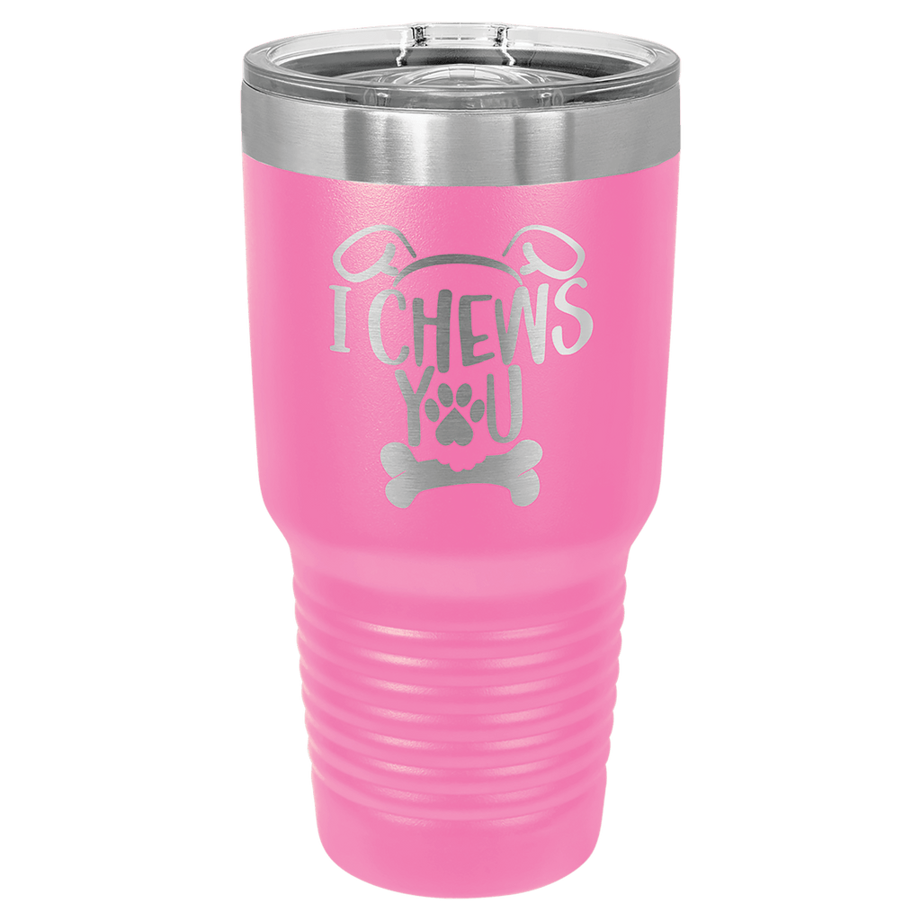 Pink powder-coated 30 oz. ringneck tumbler with a stainless steel band and clear slider lid, shown with a sample engraving