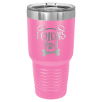 Pink powder-coated 30 oz. ringneck tumbler with a stainless steel band and clear slider lid, shown with a sample engraving