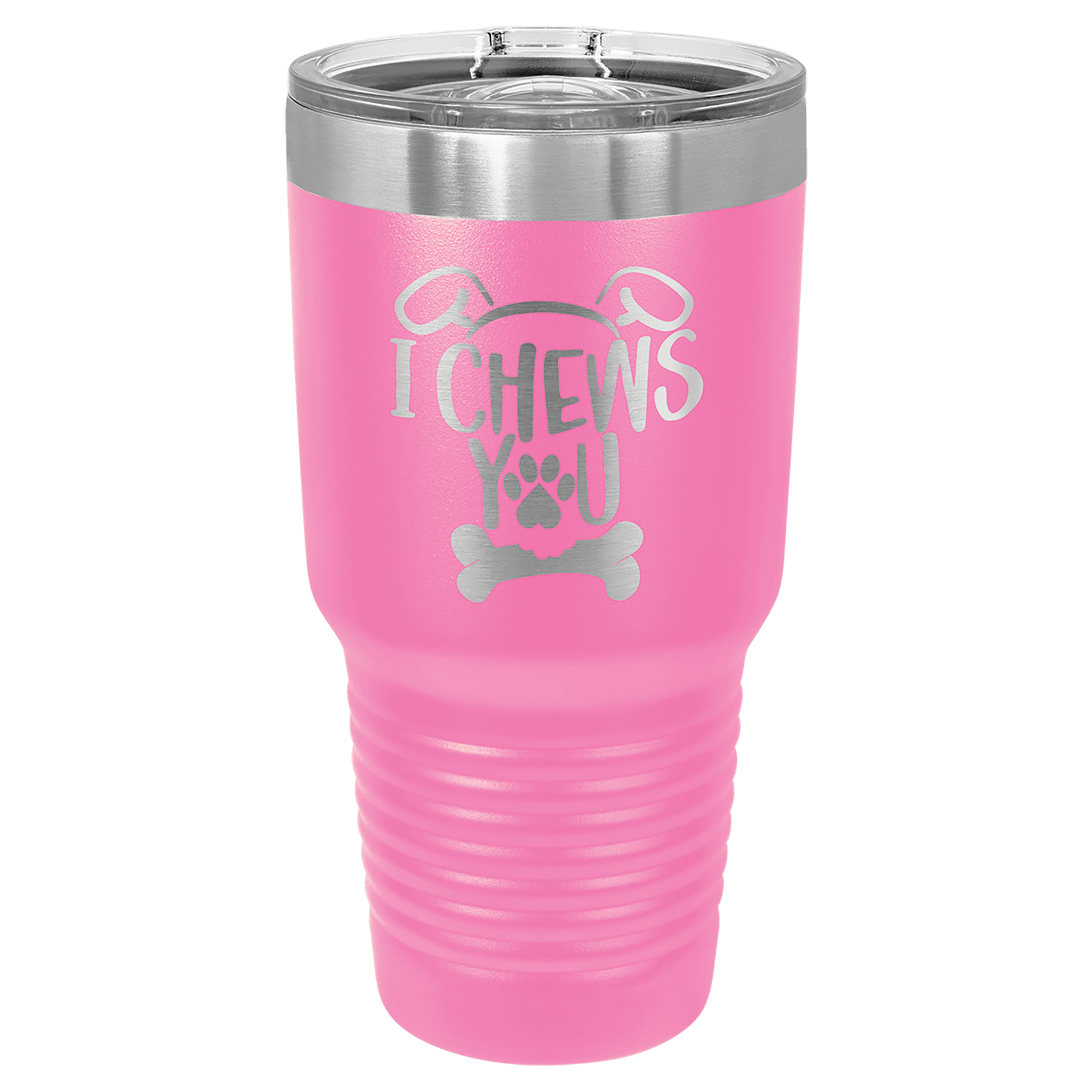 Pink powder-coated 30 oz. ringneck tumbler with a stainless steel band and clear slider lid, shown with a sample engraving