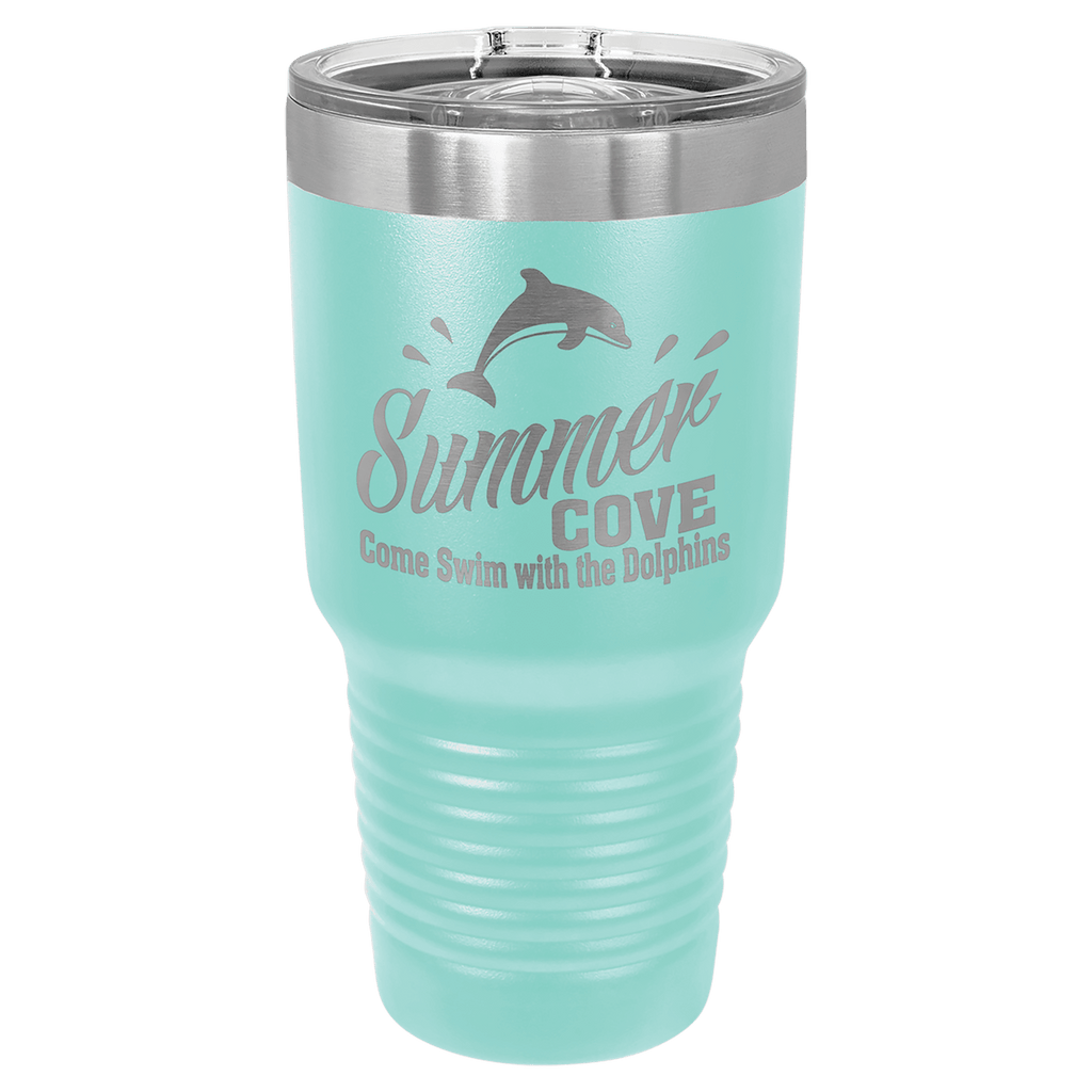 Teal powder-coated 30 oz. ringneck tumbler with a stainless steel band and clear slider lid, shown with a sample engraving