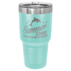 Teal powder-coated 30 oz. ringneck tumbler with a stainless steel band and clear slider lid, shown with a sample engraving