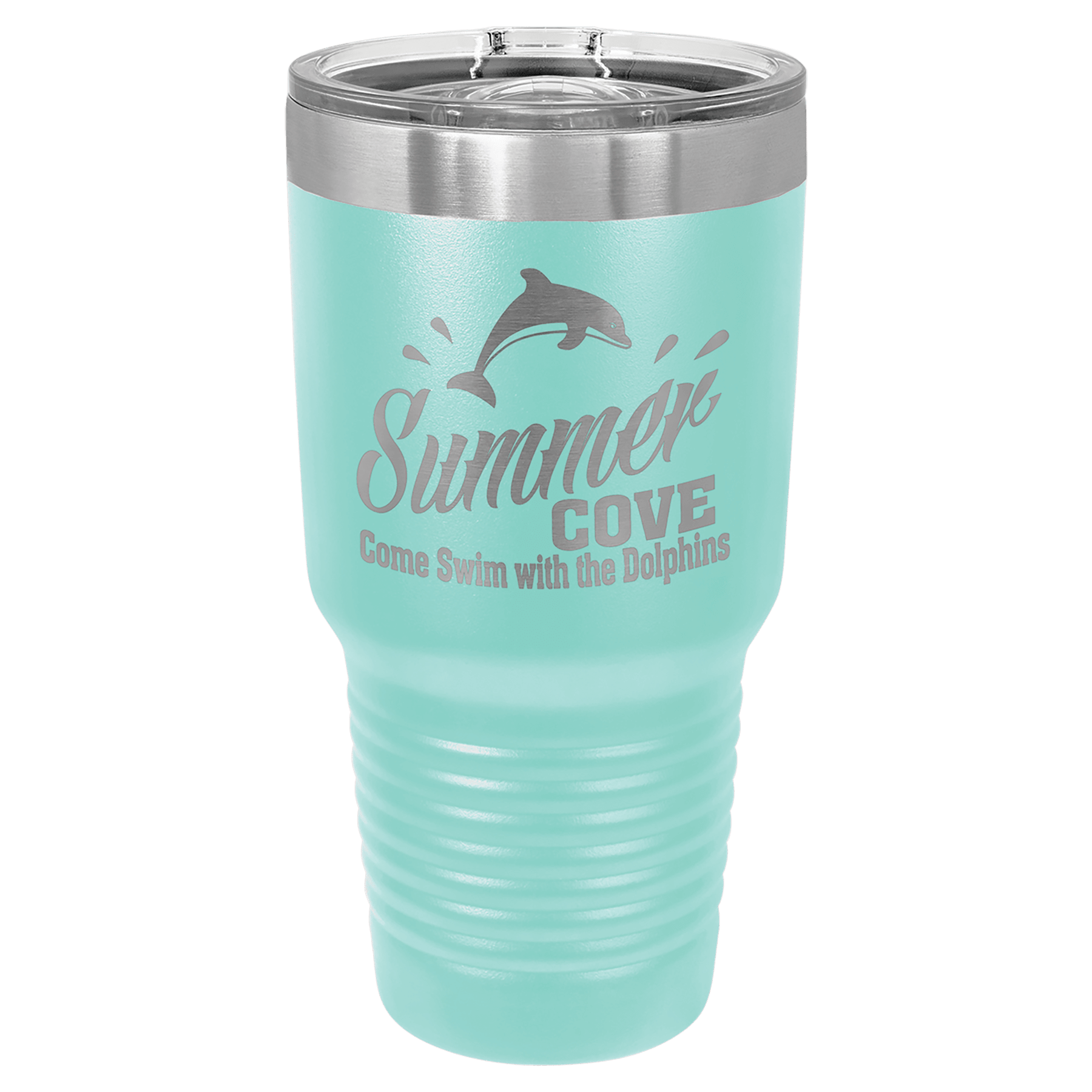Teal powder-coated 30 oz. ringneck tumbler with a stainless steel band and clear slider lid, shown with a sample engraving