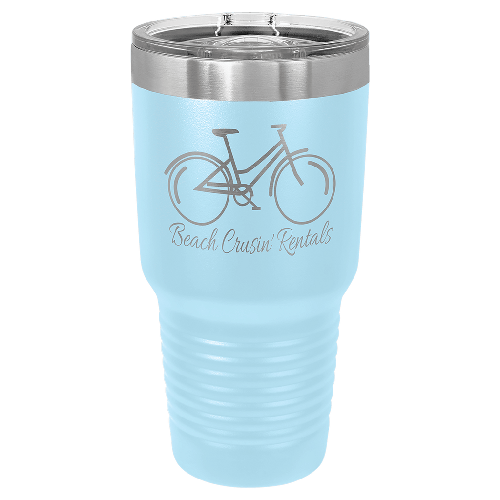 Light blue powder-coated 30 oz. ringneck tumbler with a stainless steel band and clear slider lid, shown with a sample engraving