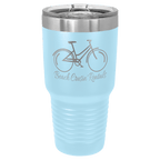 Light blue powder-coated 30 oz. ringneck tumbler with a stainless steel band and clear slider lid, shown with a sample engraving