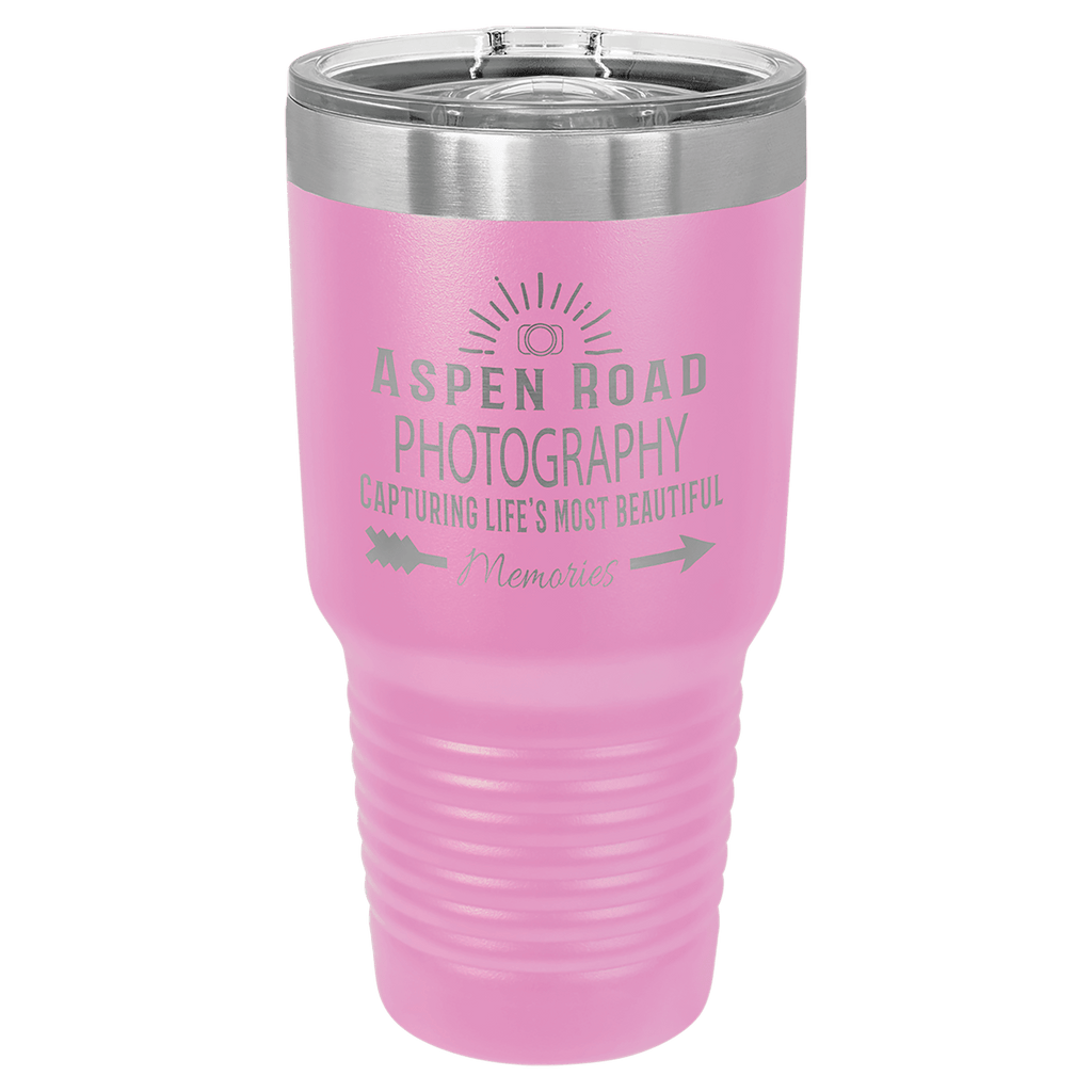 Light purple powder-coated 30 oz. ringneck tumbler with a stainless steel band and clear slider lid, shown with a sample engraving
