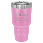 Light purple powder-coated 30 oz. ringneck tumbler with a stainless steel band and clear slider lid, shown with a sample engraving