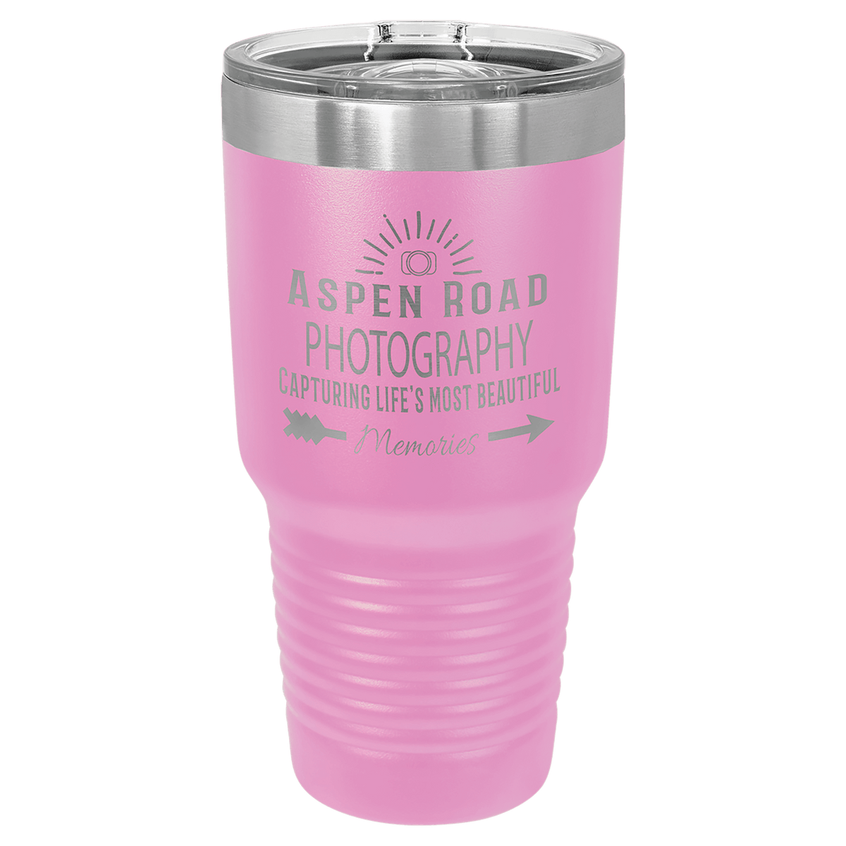 Light purple powder-coated 30 oz. ringneck tumbler with a stainless steel band and clear slider lid, shown with a sample engraving
