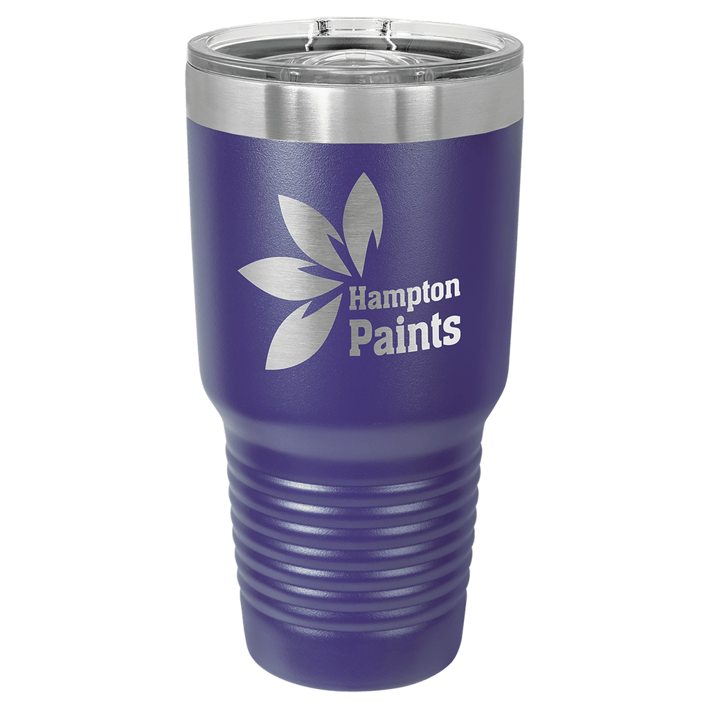 Purple powder-coated 30 oz. ringneck tumbler with a stainless steel band and clear slider lid, shown with a sample engraving