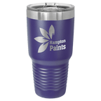 Purple powder-coated 30 oz. ringneck tumbler with a stainless steel band and clear slider lid, shown with a sample engraving