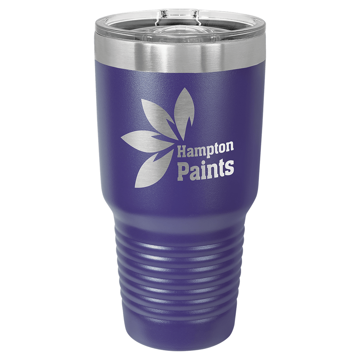 Purple powder-coated 30 oz. ringneck tumbler with a stainless steel band and clear slider lid, shown with a sample engraving