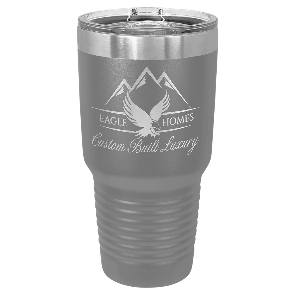 Dark gray powder-coated 30 oz. ringneck tumbler with a stainless steel band and clear slider lid, shown with a sample engraving