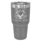 Dark gray powder-coated 30 oz. ringneck tumbler with a stainless steel band and clear slider lid, shown with a sample engraving