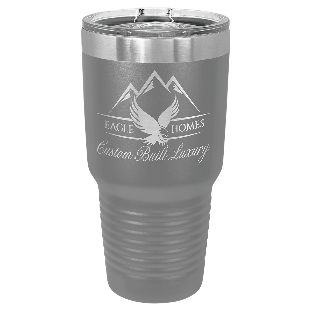 Dark gray powder-coated 30 oz. ringneck tumbler with a stainless steel band and clear slider lid, shown with a sample engraving